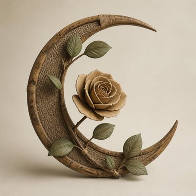 a rose entwined with a crescent moon, clean balanced composition on a plain background, no text