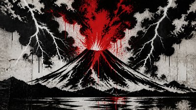 an erupting volcano with lightning strikes, dramatic wide composition, no text