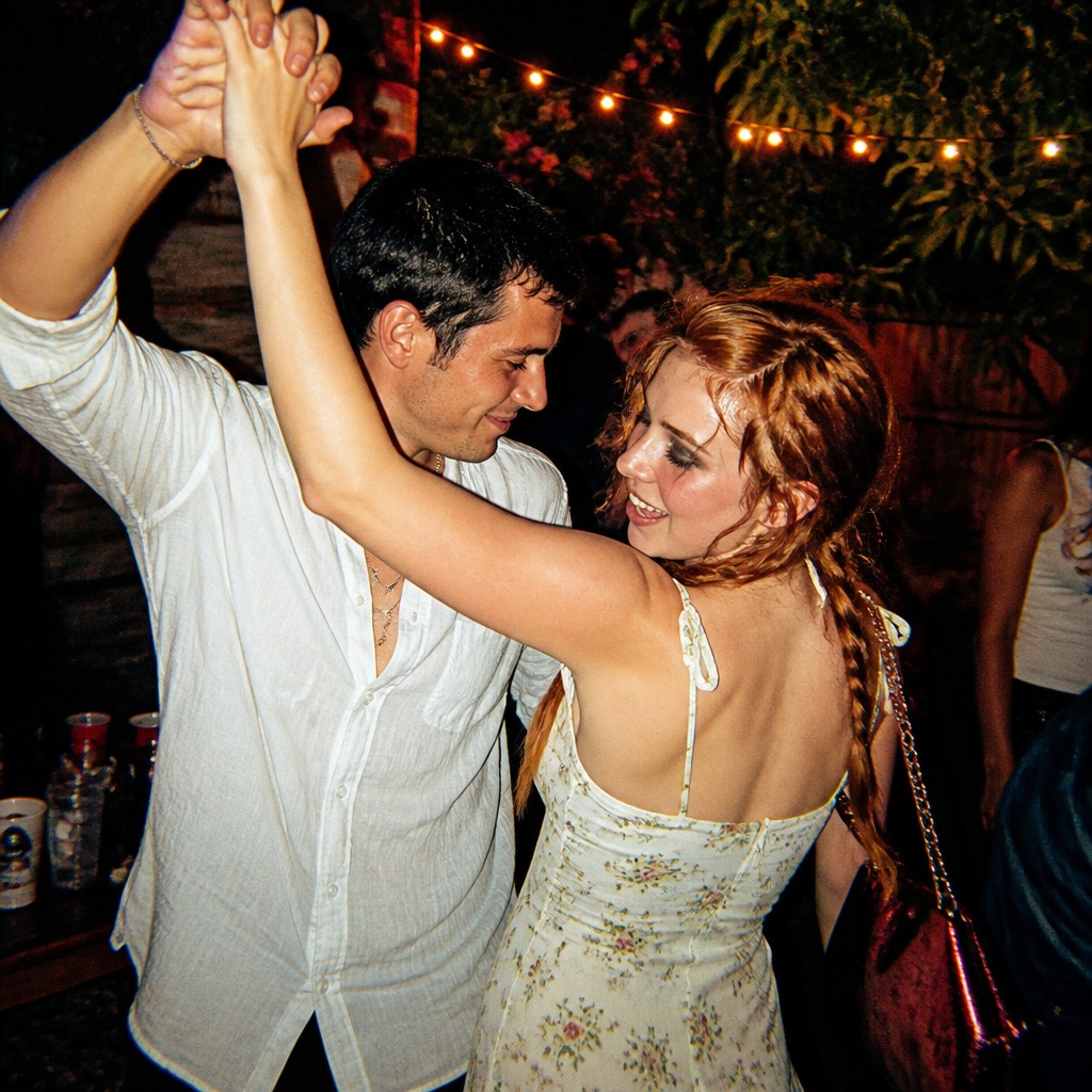 an original couple dancing under string lights in a garden at dusk: a man with short black hair in a linen shirt and a woman with braided red hair in a summer dress