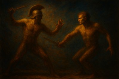 a painting of two men standing next to each other