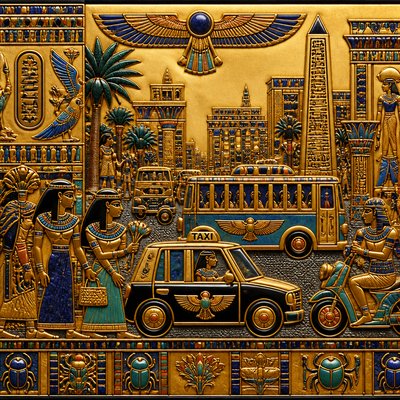 urban street with city activity — Egyptian Revival Jewelry Style