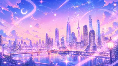 a city skyline panorama at dusk with glowing windows, no people