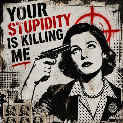 Text: YOUR STUPIDITY IS KILLING ME

Image: Mature woman making the jester of shooting herself in the head while rolling her eyes. 