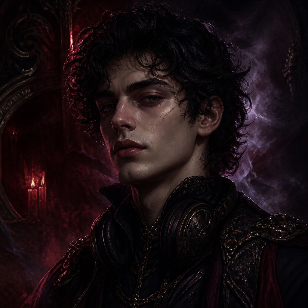 head-and-shoulders portrait of an original character: a young man with curly dark hair and headphones around his neck, plain backdrop, no text