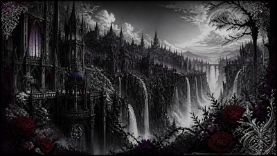 a cliffside city with waterfalls cascading into a misty canyon, wide establishing shot, no people, no text