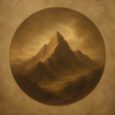 an emblem of a mountain peak inside a circle, simple bold shapes on a plain background, no text or lettering