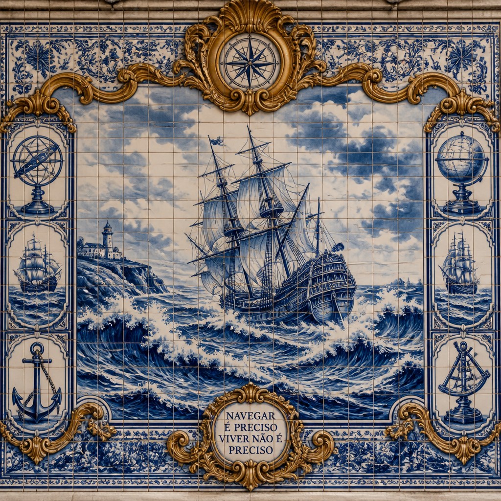 sailing ship on a stormy sea — Portuguese Art Style