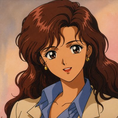 head-and-shoulders portrait of an original character: a young woman with wavy chestnut hair and a warm smile, plain soft backdrop
