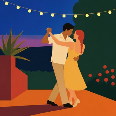 an original couple dancing under string lights in a garden at dusk: a man with short black hair in a linen shirt and a woman with braided red hair in a summer dress