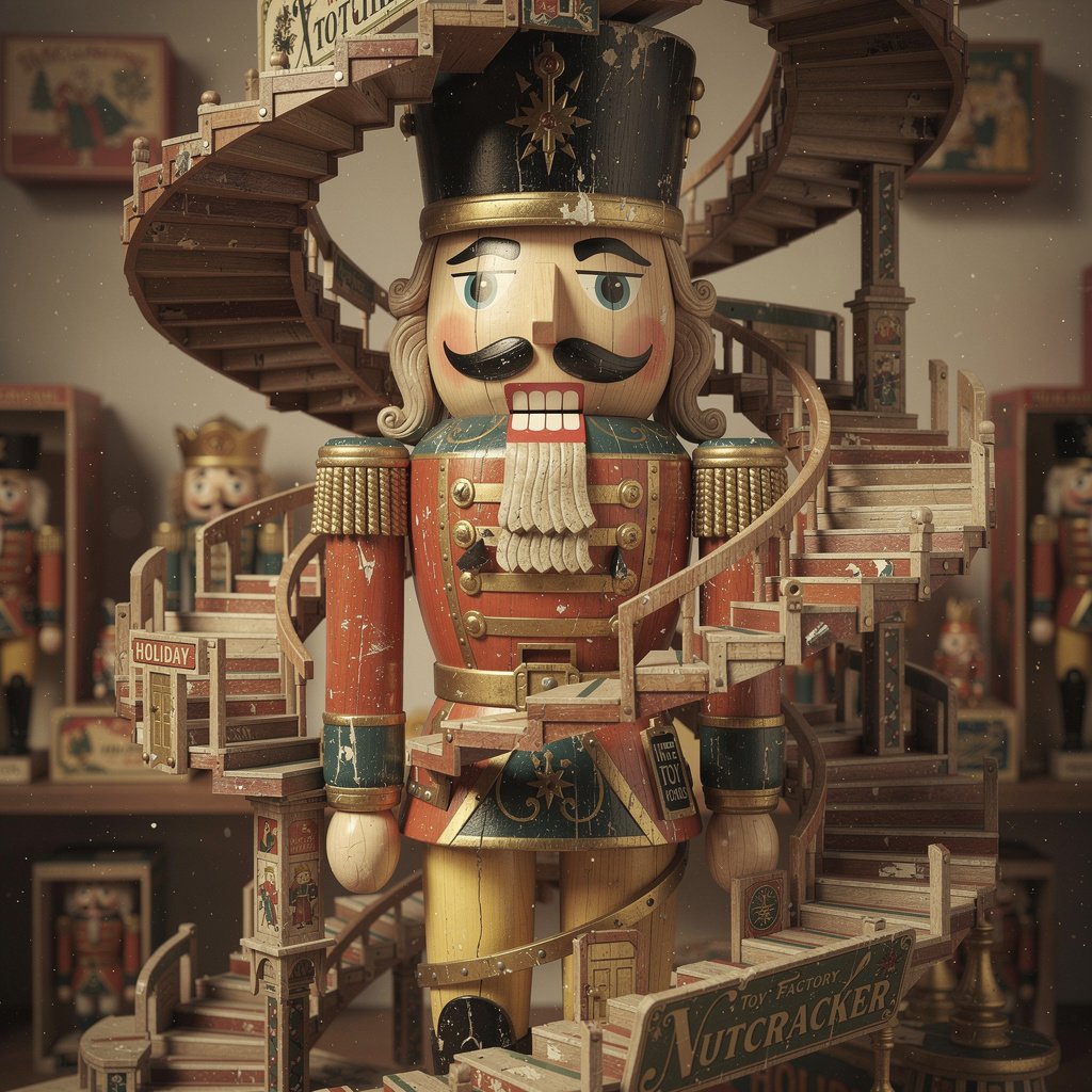 in the style of M.C. Escher, staircases spiraling up a towering wooden nutcracker soldier with a stern face, mustache, rosy cheeks, hinged jaw, ornate painted uniform with gold trim, tall black hat, polished wooden texture, intricate impossible loops, glowing holiday jewel-toned colors, vibrant reflections, whimsical geometry, cinematic, reflective colors