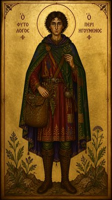 full-body original character: a wandering botanist with a satchel of plants, a patched green cloak, tall boots and round glasses, neutral background