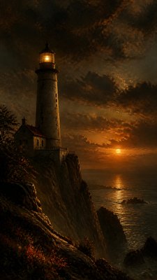 a lone lighthouse on a cliff at dusk under a dramatic sky, no text or lettering