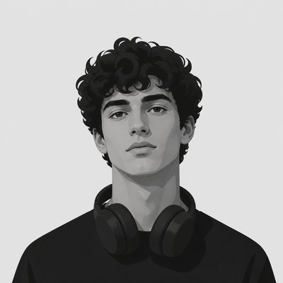 head-and-shoulders portrait of an original character: a young man with curly dark hair and headphones around his neck, plain backdrop, no text