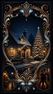 a snow-covered cottage with warm glowing windows beside a decorated pine tree, gentle snowfall, no text