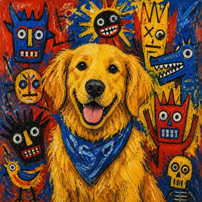 portrait of a golden retriever wearing a blue bandana, warm plain backdrop, no text