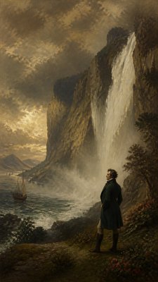towering waterfall cascading down a cliff