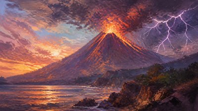 an erupting volcano with lightning strikes, dramatic wide composition, no text