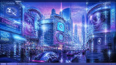 bustling city street panorama at dusk