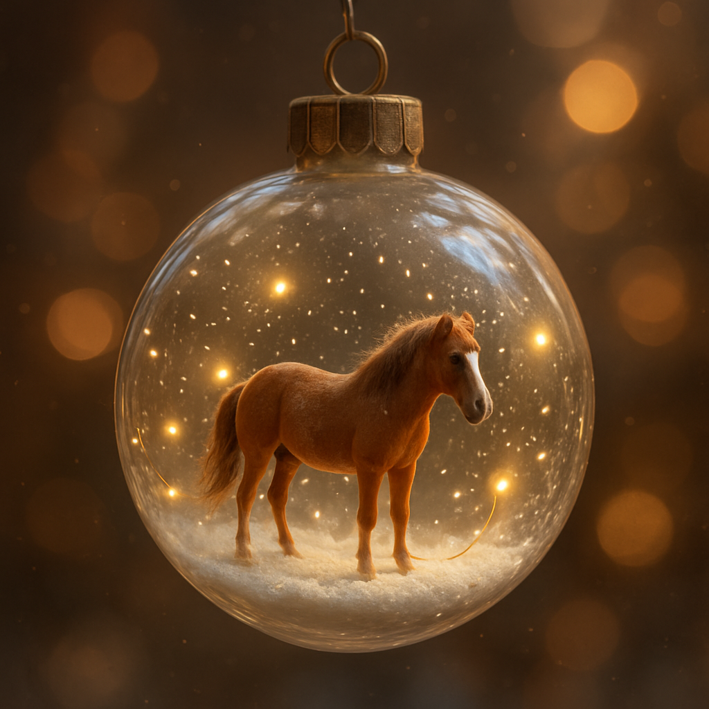 Tiny Horse Inside a Glass Ornament
a clear glass christmas ornament containing a miniature horse scene, glowing fairy lights, gentle snowfall particles inside, hyper-detailed reflections, delicate glass texture, whimsical fantasy realism, dreamy warm lighting, bokeh background