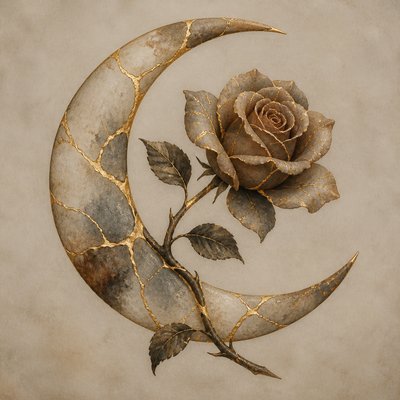 a rose entwined with a crescent moon, clean balanced composition on a plain background, no text