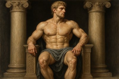 a painting of a man with a towel on his lap