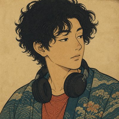 head-and-shoulders portrait of an original character: a young man with curly dark hair and headphones around his neck, plain backdrop, no text