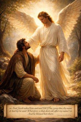 “And Jacob asked him, and said, Tell me, I pray thee, thy name. And he said, Wherefore is it that thou dost ask after my name? And he blessed him there.” (Genesis 32:29, KJVA) The angel is masculine.
