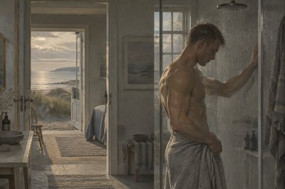 side view of danish athlete in the shower with one hand holding his towel