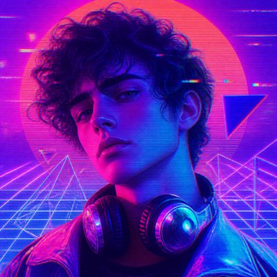 head-and-shoulders portrait of an original character: a young man with curly dark hair and headphones around his neck, plain backdrop, no text