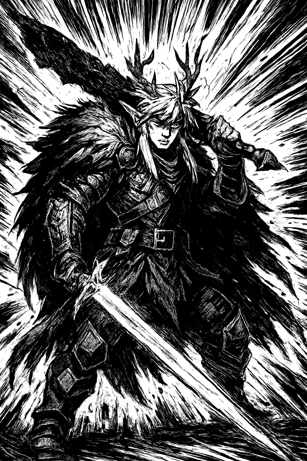 a black and white drawing of a man with a sword