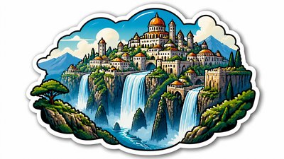a cliffside city with waterfalls cascading into a misty canyon, wide establishing shot, no people, no text