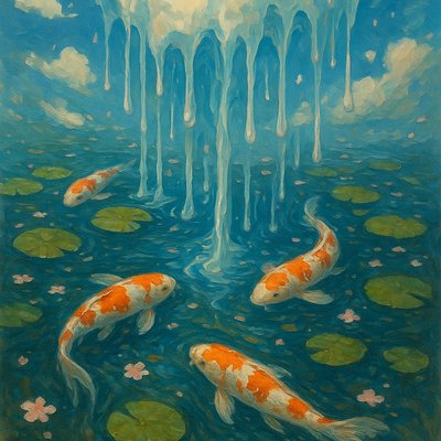 A koi pond seen from above, orange and white koi fish swimming among lily pads, clear water with subtle ripples, fallen cherry blossom petals floating on the surface, dappled sunlight