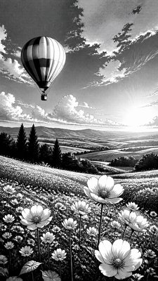 a hot air balloon drifting over rolling flower fields on a sunny day, cheerful, no text