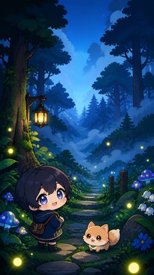 a mysterious forest path with fireflies and drifting mist, atmospheric vertical composition with open space at the top, no text