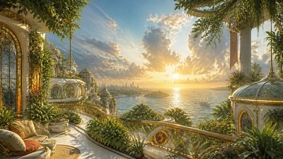 a panoramic ocean horizon with towering clouds at golden hour, no people