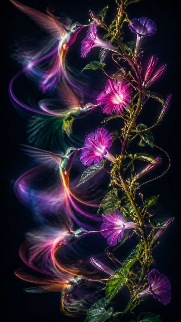 a climbing vine of flowers and hummingbirds on a dark background, tall wrapping composition, no text