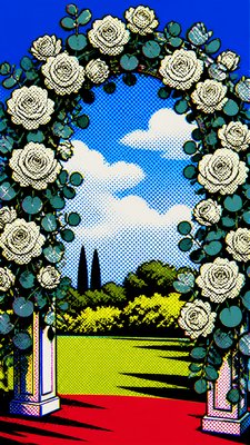 an arch of white roses and eucalyptus in soft morning light, elegant vertical composition with open space, no text