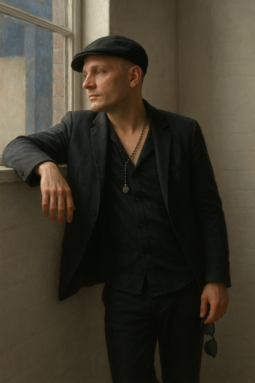 a man in a suit and hat leaning against a wall