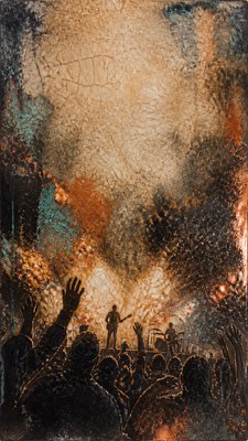 a live music scene with a glowing stage and silhouetted crowd, energetic vertical composition with open space at the top, no text