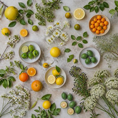 still life arrangement of fruits and flowers
