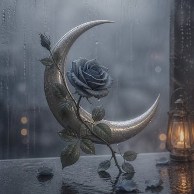 a rose entwined with a crescent moon, clean balanced composition on a plain background, no text