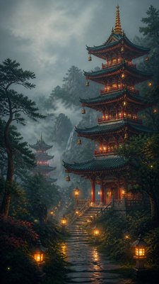 a mysterious forest path with fireflies and drifting mist, atmospheric vertical composition with open space at the top, no text