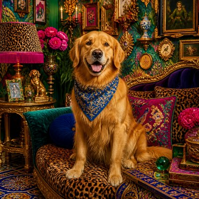 portrait of a golden retriever wearing a blue bandana, warm plain backdrop, no text