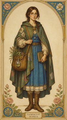 full-body original character: a wandering botanist with a satchel of plants, a patched green cloak, tall boots and round glasses, neutral background