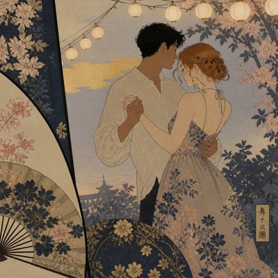 an original couple dancing under string lights in a garden at dusk: a man with short black hair in a linen shirt and a woman with braided red hair in a summer dress