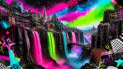 a cliffside city with waterfalls cascading into a misty canyon, wide establishing shot, no people, no text