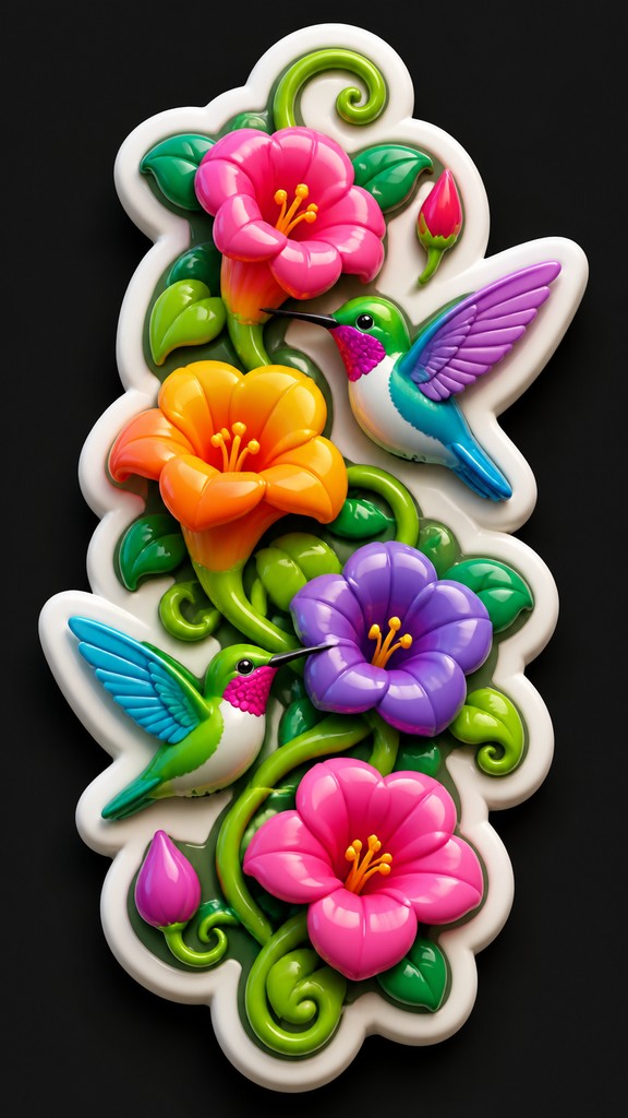 a climbing vine of flowers and hummingbirds on a dark background, tall wrapping composition, no text