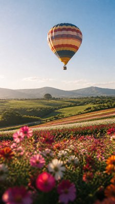 a hot air balloon drifting over rolling flower fields on a sunny day, cheerful, no text