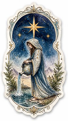 a robed figure pouring water beneath a large eight-pointed star in a night sky, symmetrical composition with an ornate decorative border, no text