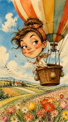 a hot air balloon drifting over rolling flower fields on a sunny day, cheerful, no text